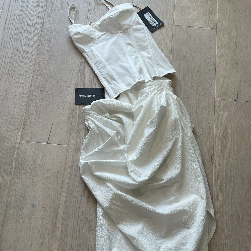 Pretty Little Thing White Ruched Side Midi Skirt and Corset Top NWT 4/6